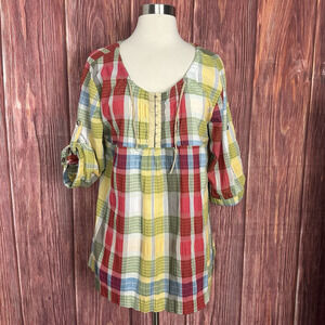 Art And Soul Size S Popover Blouse Blue Green Yellow Plaid 3/4 Sleeve Pin Tuck
